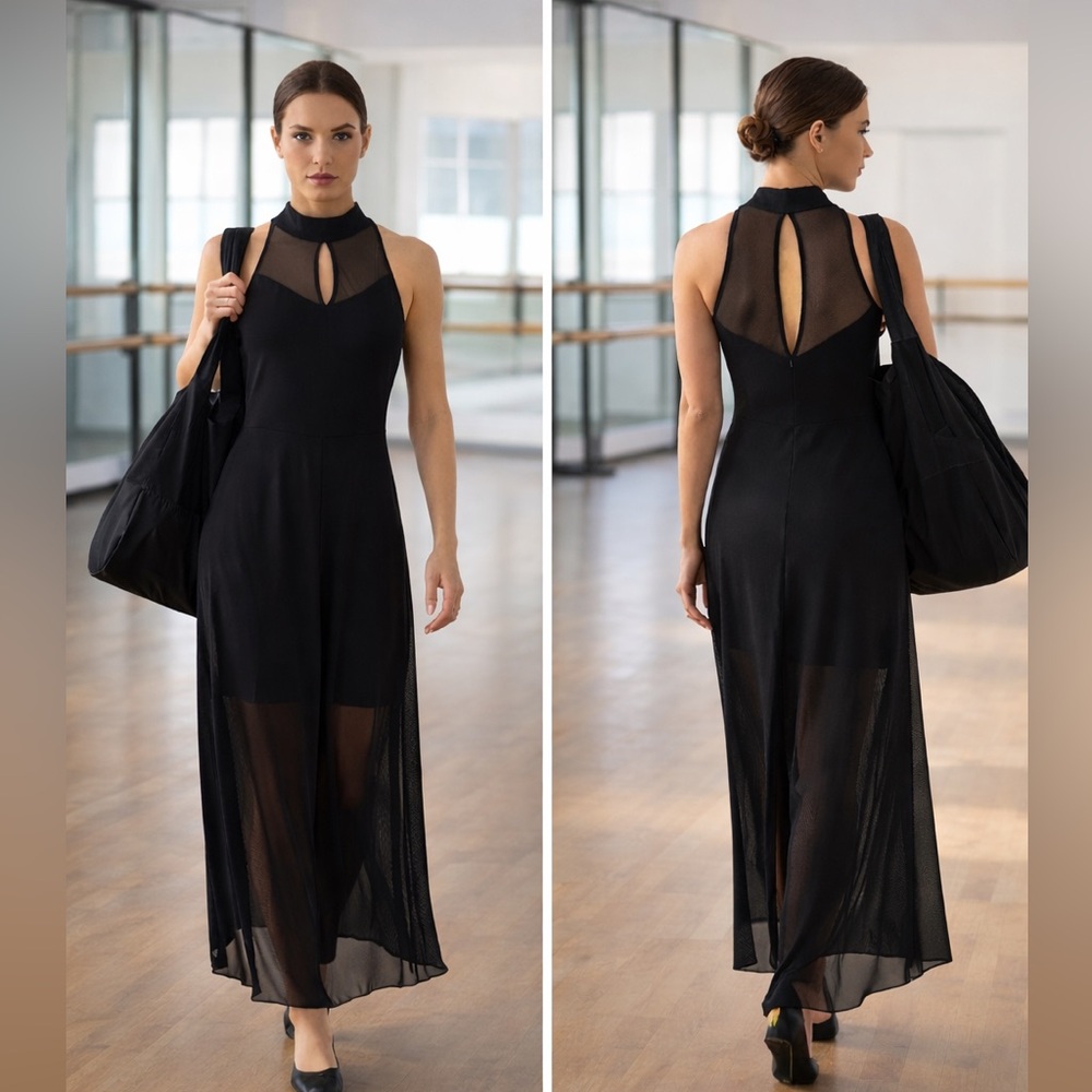 Balera Black Halter Mesh Wide-Leg Dance Jumpsuit Snap Neck Contemporary,Size S